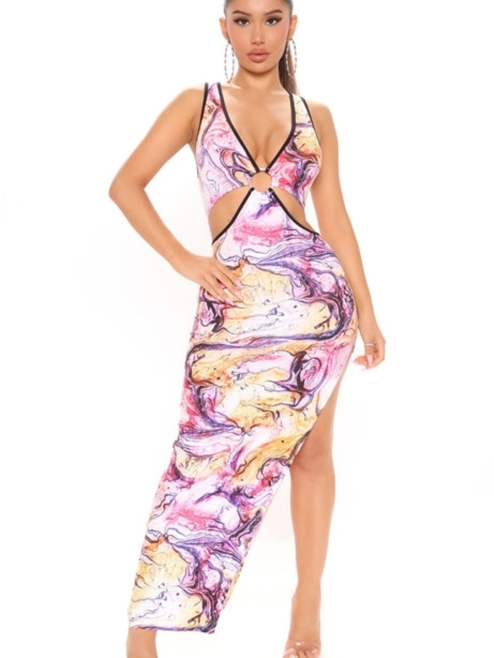 Fashion Nova Large Euphoria Marble Swirl Cut Out O-Ring Maxi Dress Pink Festival